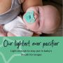 Baby with breast-like pacifier in mouth alongside text explaining the benefits of the breast-like nipple.