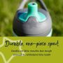 Close up of sportee bottle’s spout with text about how it’s durable and only one piece