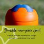 Close up of a Sippee Cup’s spout with text about how it’s durable and only one piece