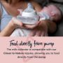Mother holding baby and converted milk collector bottle with text about feeding directly from the pump