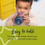 Little boy drinking from a blue sportee bottle with text about how it’s easy to hold