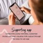 Mom pumping breastmilk while looking at her phone with text about gathering insights through the supporting app