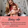 Baby sitting on mum’s knee having her hair brushed. Text describes how the accessories are baby-safe with rounded edges.