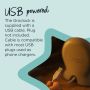 The back of the Grolock and a hand holding a USB cable with text explaining it is USB powered.