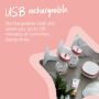 Aerial view of double breast pump, power unit and nipple cream on grey table with text about its USB rechargeable battery