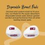 Image of the disposable breast pads with detail of their custom size and strong performance vs other pads on the market