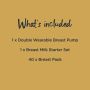 Infographic listing what’s in the wearable breast pump bundle including double wearable breast pump, breast pads and breast milk starter set.