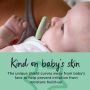 Baby with green breast-like pacifier in mouth with text describing how these soothers are kind on baby’s delicate skin.