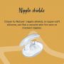 2 Nipple shields in storage case with detail of how these soft silicone shields provide relief for cracked nipples.