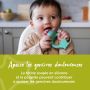 Bébé mâchant la tétine de la grignoteuse avec texte expliquant en quoi cela aide à apaiser les gencives douloureuses