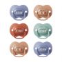 6 pack of Anytime soothers in various colours and designs on a white background.