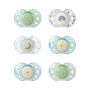 6 count of Night Time pacifier in various colours and designs on a white background.