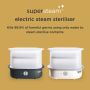 Electric steam steriliser explaining how it kills viruses and 99.9% of bacteria using only steam. Choice of colours.