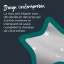 Gros plan sur un tissu gris avec un motif étoiles et lune et un texte expliquant que le tissu est moderne et intemporel.
