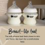 Close up of 2 150ml Closer to Nature baby bottles with text explaining the benefits of the breast-like teat.