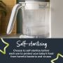 Close up of steamy quick cook jug with text about how it can self-sterilise