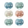 6 pack of Anytime soothers in various colours and designs on a white background.