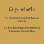 Le bloc jaune indique que la poubelle Tommee Tippee XL et 6 recharges éco sont incluses dans cet ensemble.