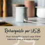 Chauffe-biberon LetsGo sur un comptoir de cuisine avec un câble branché au-dessus d&apos;un texte sur le chargement USB
