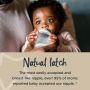 Baby drinking from a Closer to Nature bottle with text below stating 95% of moms said baby accepted these nipples.