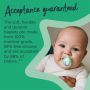 Baby with Night-Time pacifier in their mouth with text stating these pacifiers are accepted by 98% of babies.