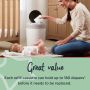 A woman changing her baby’s diaper with text about how the refill cassettes are great value for money