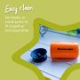Orange 360 cup lying flat on kitchen counter with its one-piece valve and text about how it’s easy to clean