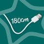 Cordon USB sur fond vert entouré d&apos;une étoile avec texte indiquant 180 cm de long et icône indiquant une alimentation USB.