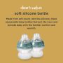 Infographic of two Closer to Nature silicone baby bottles explaining that’re squeezable and feel soft and familiar to baby. 