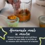 Mum scooping baby food into pot with text about making homemade meals in minutes