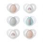 6 count of Night Time pacifier in various colours and designs on a white background.