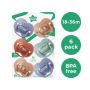 6 pack of soothers on a white background with roundels stating 18-36m, BPA free and 6 pack