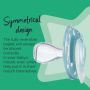 side on image of night time soother with text about their symmetrical design