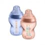 2x 260ml Be Kind Closer to Nature baby bottles in pink and blue on a white background.