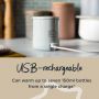 LetsGo bottle warmer on kitchen counter with charging cable plugged in above text about USB charging