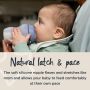 Baby drinking from purple silicone bottle with text about a natural latch and pace