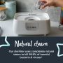Someone pouring water into the base of their Steridryer with text about how it uses natural steam to kill viruses