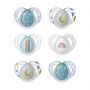 6 count of Night Time pacifiers in various colors and designs on a white background.