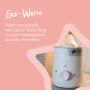 Baby bottle inside Easi-Warm warmer on a pink background with details on how it works