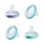 4 pack of Breast-like soothers in various colours on a white background.