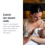 Woman using the silicone pump on one breast while she breastfeeds her baby from the other with text about catching let-down milk