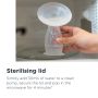 Someone placing the silicone pump in the microwave with text about the sterilising lid