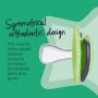 Side view of a Fun Style soother on a green background with text describing the benefits of the symmetrical orthodontic design.