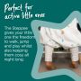 A child standing on their toes wearing a white Steppee next to text explaining how it is perfect for active children.