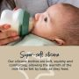 Baby being fed with a silicon bottle with text describing how these bottles are made from soft, squishy silicone.