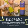 Toddler pressing the lid of their cup with text about BACSHIELD antibacterial technology