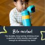Little boy drinking from his blue bottle with text about the bite resistant straw