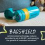 Blue bottle lying flat on a couch with text about the antimicrobial technology