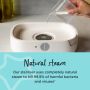 Someone pouring water into the base of their white steriliser with text about how it uses natural steam