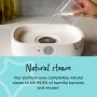 Someone pouring water into the base of their white sterilizer with text about how it uses natural steam